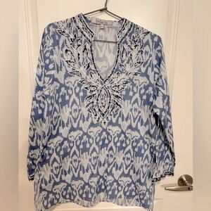 Bella Tu 100% Cotton tunic blue ikat with hand beading size Large